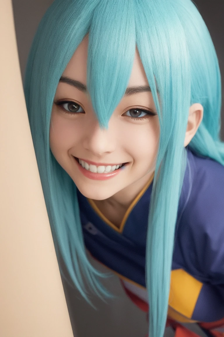 Masterpiece, Hatsune Miku, white shirt, blue tie, bare shoulders, separated sleeves, smiley face, dark skin, blu eyes, blu hair