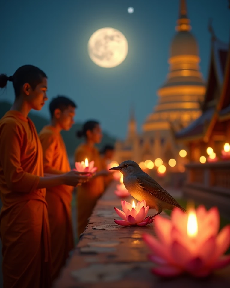 Monks in Thailand meditate, clothed but not wearing angsa. Has clear muscles, white skin, and a handsome face. Beaming Looks happy while meditating. Three people had their heads freshly shaved and their eyebrows shaved. All three of them sat and caressed a large yellow candle. The background is a Thai-style golden pagoda at night. There is a full moon floating in the middle of the sky with twinkling stars. Realistic picture.