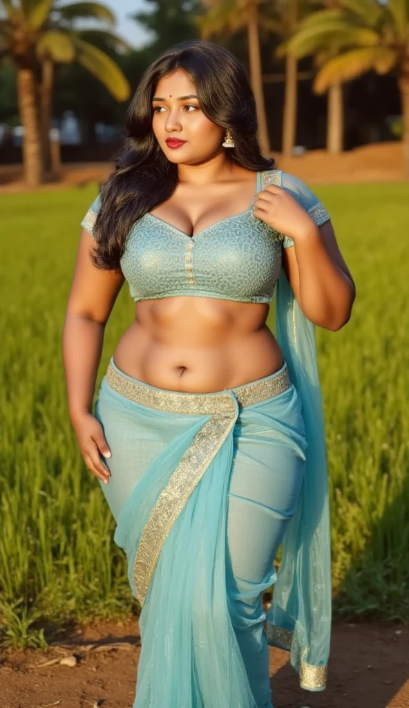 Beautiful indian chubby woman in saree with only in blouse huge sexy mood bathing in rain
