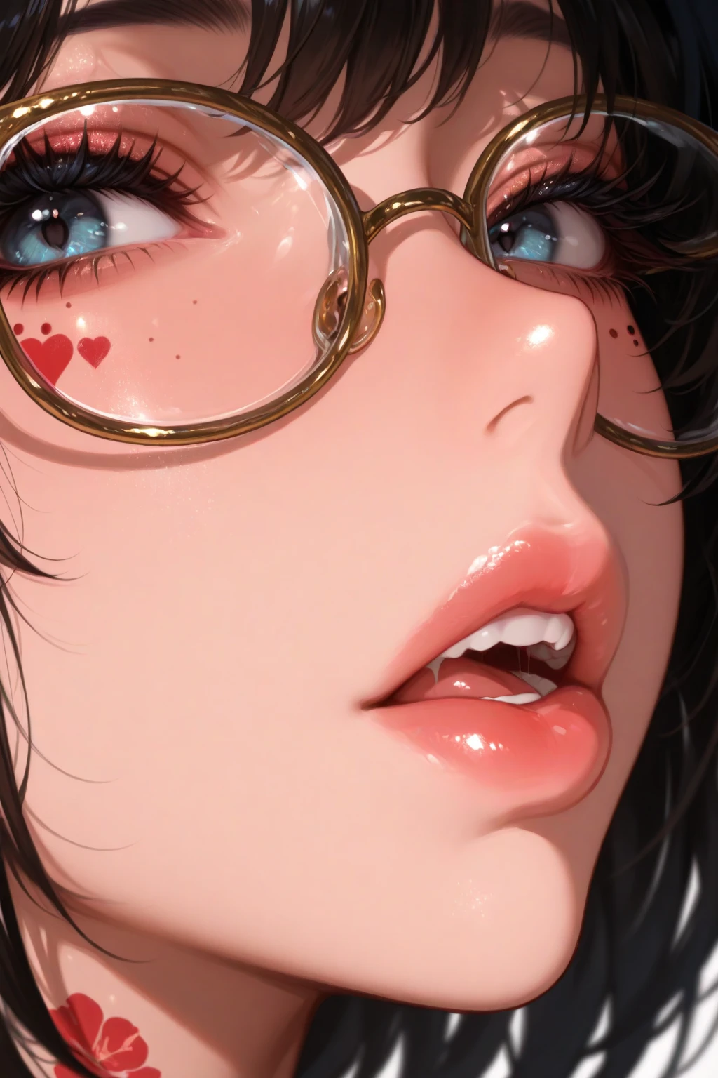 very sexy girl, long black hair, glasses, naked, ((blowjob, cum on face, deep blowjob, cock stuck in the whole mouth, a lot of semen,)) small breasts, lascivious look, big window with night view , stars, moon, (art inspired by Bill Sienkiewicz). oil painting)