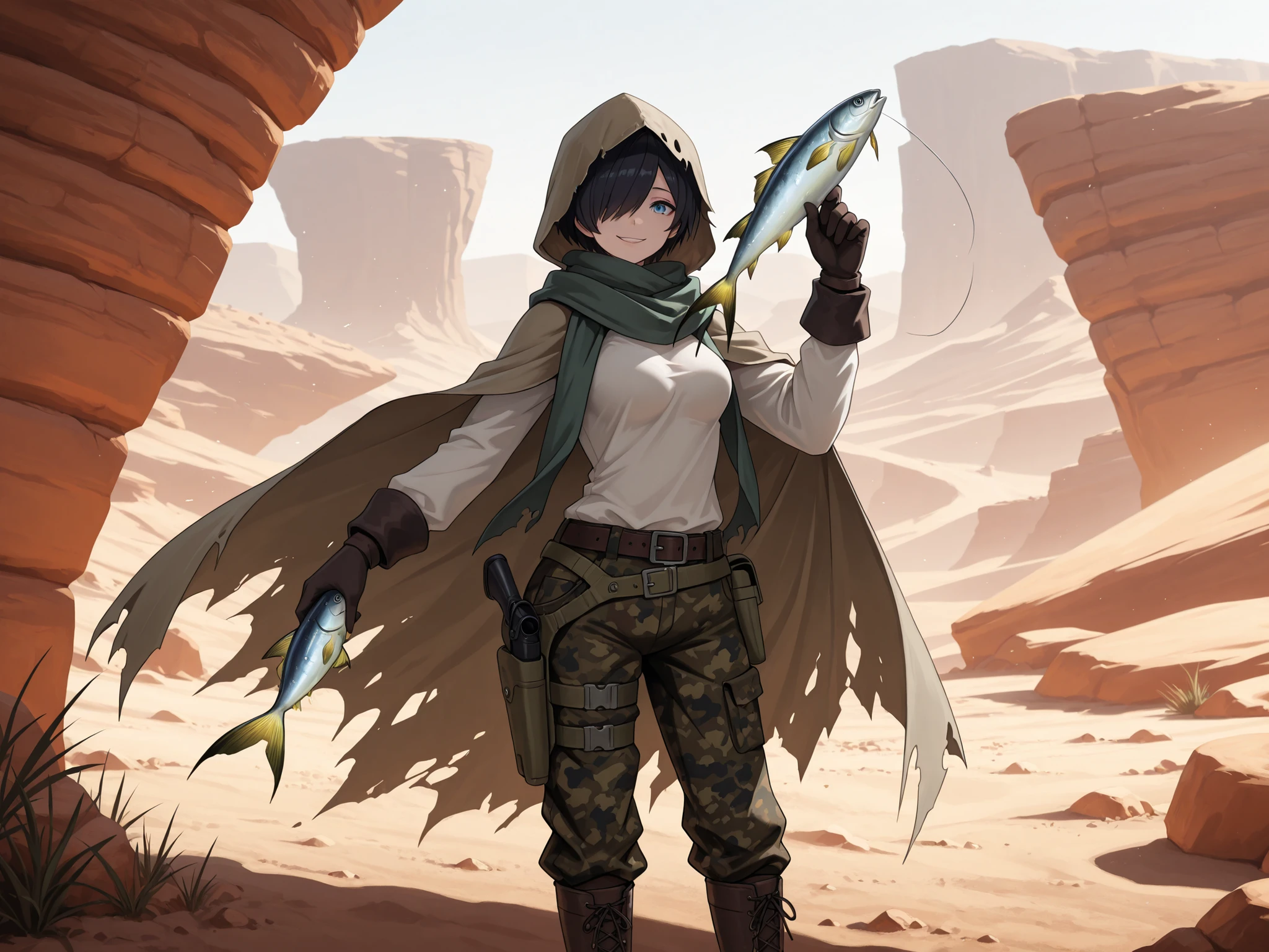 green scarf, hood, hooded cloak, cloak, hood up, torn clothes, black gloves, long sleeves, cape, camouflage pants, shirt, belt, thigh strap, cross-laced footwear, knee boots, holster, black hair, short hair, hair over one eye, blue eyes, medium breasts, jackassnier, scenery, nierscene, standing in a tent in a rocky desert, manic smile, arm outstretched holding a fish, mackeral_(fish), facing viewer, cowboy shot