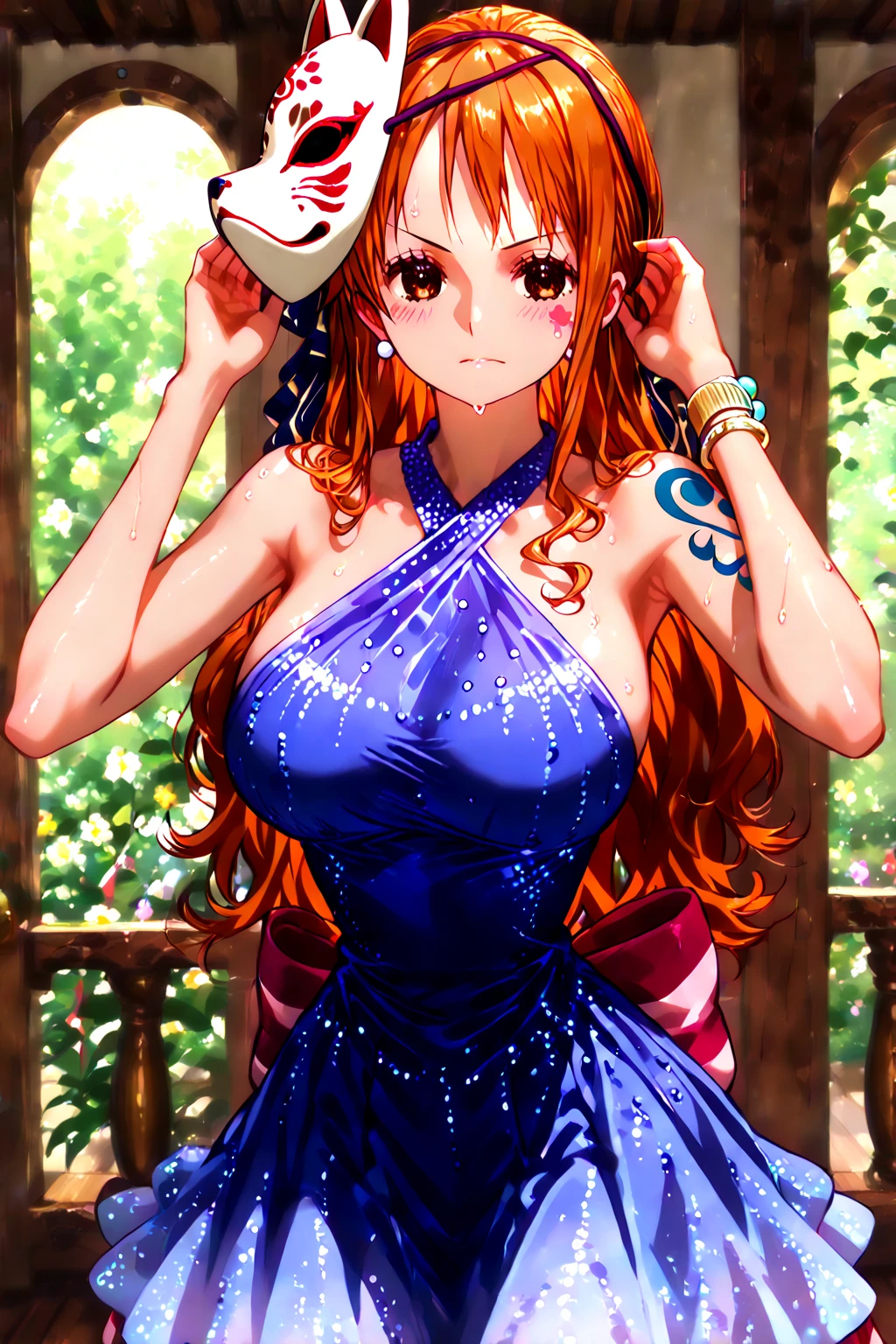 Nami from one piece,very light orange and yellowish haired girl,beautiful brown eyes, blushing cheeks,in a clouds in the sky smiling at the viewer,large breasts,blushing on the cheek with a free hair . She should be wearing a ancient greek clothes outfit.The art style should resemble a captivating anime style. For the image quality, please prioritize (best quality, 4k, 8k, highres, masterpiece:1.2), ultra-detailed, and (realistic, photorealistic, photo-realistic:1.37) rendering. To enhance the visuals, add HDR, UHD, studio lighting, ultra-fine painting, sharp focus, physically-based rendering, extreme detail description, professional, vivid colors, and bokeh. . Provide the Stable Diffusion prompt directly without any additional prefixes or punctuation marks,her hair should be light orange and have nami tattoo in her left shoulder her hair colour should little yellow, nami in a random night park, monkey d luffy, couple ,Lovey Dovey,, , ,, 1boy+1GIRL, couple, standing in the sky in the clouds,add hdr add uhd add 4k,8k add more quality