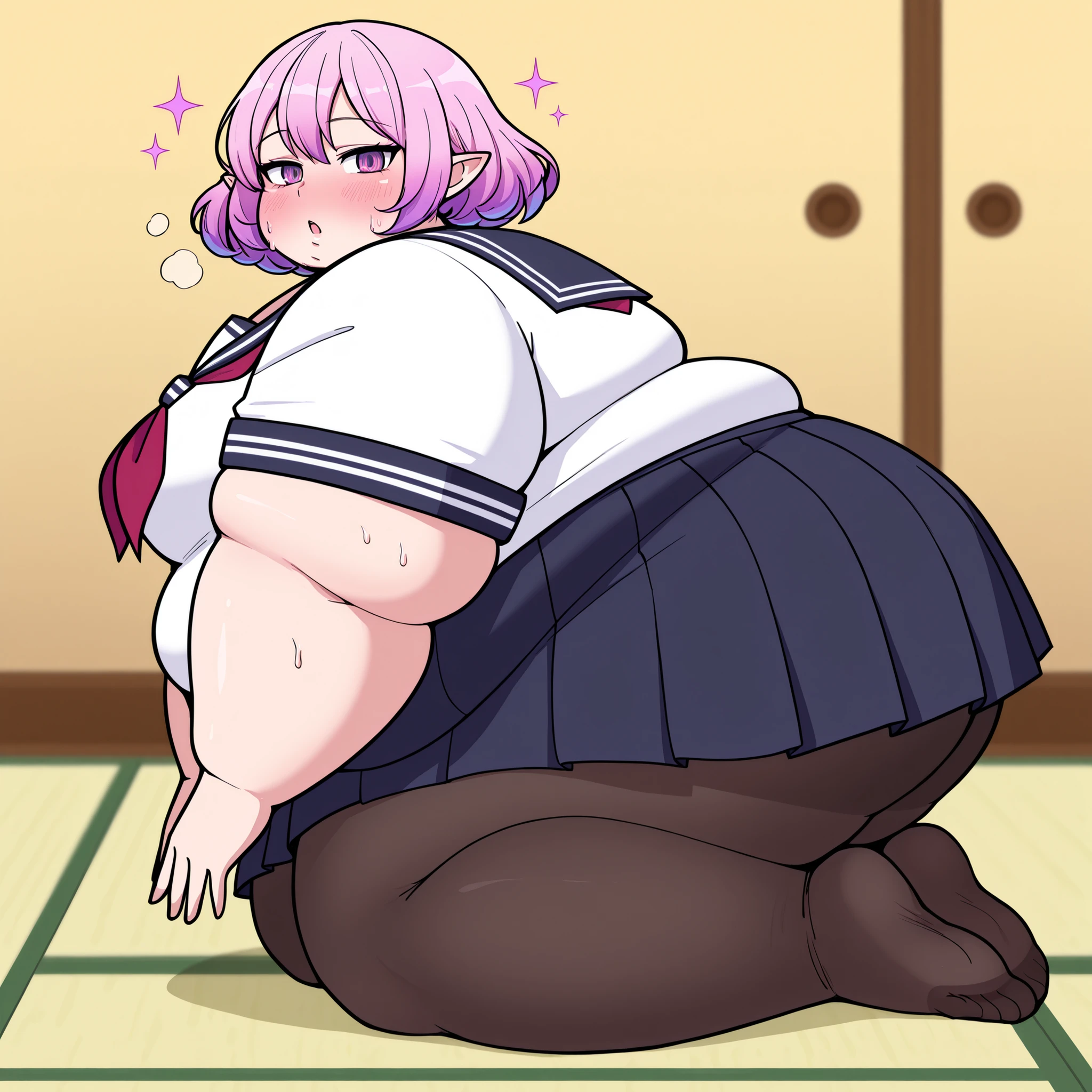(((baby))), (((little cutie))), (((short stature))), (((White shirt, vest, vest negro, tie, ((Short skirt)), Masterpiece, 4k ))), ((white hair with fringe covering one eye)), ((chubby)), (((Obese))), ((Fat face)), (((big belly))), (((Open mouth))), fat and wide thighs, belly, (((tender pose ))), (((in a school room))), detailed background, ((full body image)), (((fat rolls))),