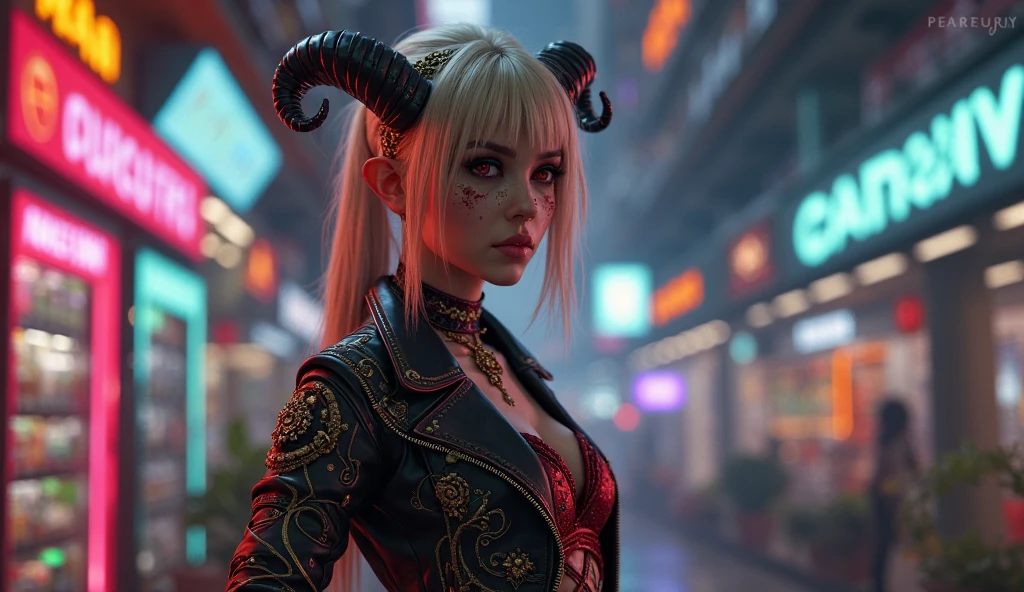 A girl with blonde hair and golden horns
Adult
In the style of free fire