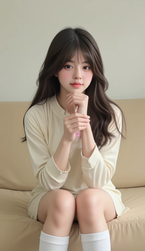 hight resolution,masutepiece,Best Quality,Extremely detailed, hyper realisitic, girl with, sitting, Put your hands on your knees, hair wavy, a smile, Black pleats skirt, white oversize shirt,Avert your eyes, profile, Very beautiful,cute, 8K Wallpaper, Fine detail, Very detailed 8k wallpaper
