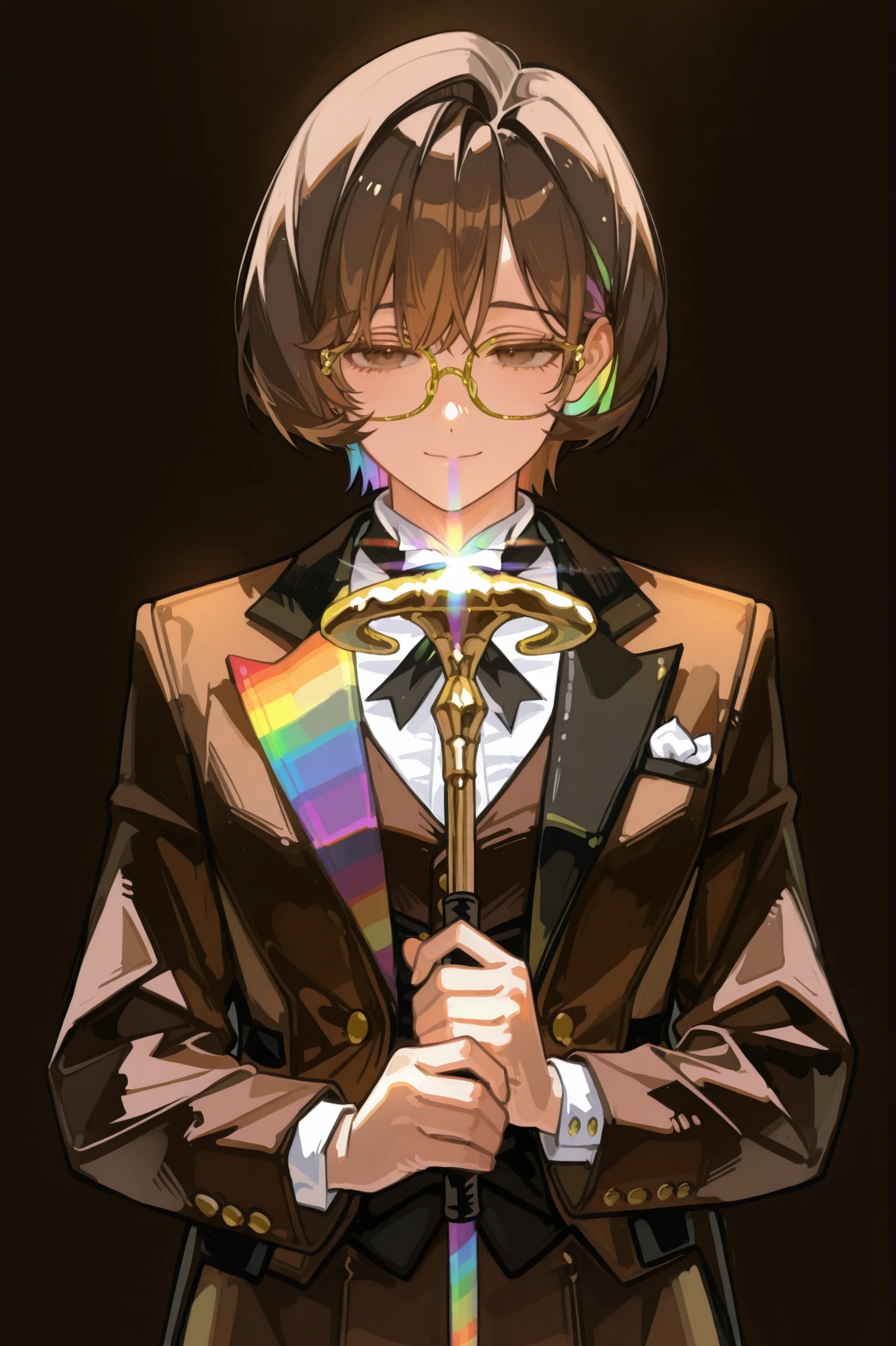 womanhood，Brown Short Hair，25 years old，The tuxedo is made of rainbow patchwork，radiates a rainbow of light，Reflective，gold-framed glasses，Round Face，brown eyes，soft expression，Holding a cane， nobility， no background ，