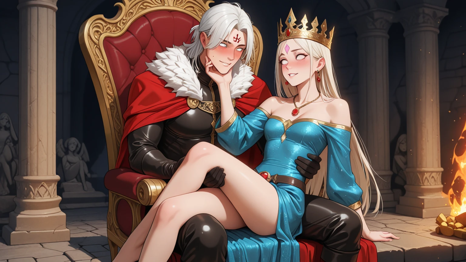 ((2 queen woman, ((1 woman with penis, erect penis)),((with a cloak on her back,with crown))),((giant breasts, bare breasts, erect breasts,grasping breastsbreast press,2 women kissing each other,)),((white hair)),((brown eyes, desperate face)),((sitting on a golden throne,sitting on her back, right leg over left leg)),((in an evil castle haunted, at night)),((1 arm behind the back)),