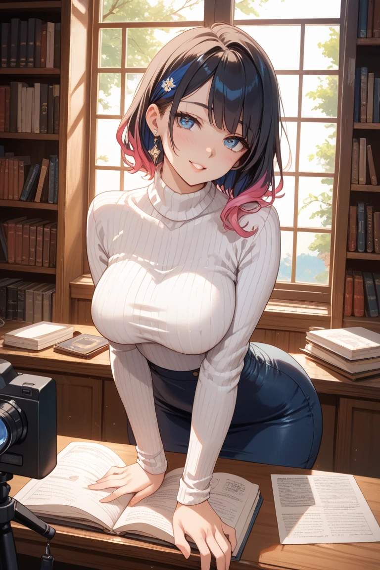 masterpiece, best quality, ultra-detailed, illustration, 1girl,
((looking at viewer)), upper body, closeup, smile,
living room, bed, bookshelf,
long hair, dark blue hair, blue streaked hair, braid, (french braid:1.1), white sweater, grey sweatpants,
brown eyes, medium breasts, shirtlift, nipples, <lora:shirtliftALORAFor_shirtliftv1:1>