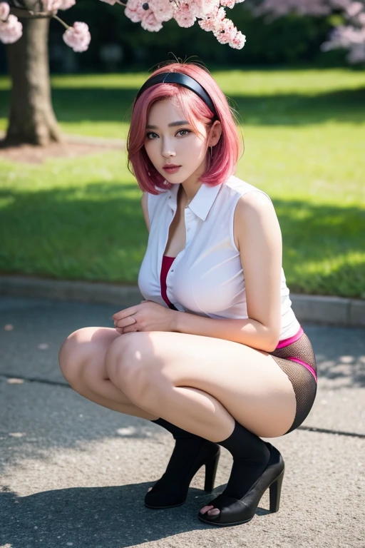 ((Masterpiece: 1.2)), ((high quality)), ((detail)), perfect anatomy, (masterpiece: 1.2), (high quality), 1girl, solo, lying, sakura haruno, pink hair, long hair, green eyes, red clothes, bare bottom, no panty, no underwear, pussy, hairy, black knee high socks , real whole body , realistic , reality , highly detailed , image looks very detailed , UHD quality , 8k lens , 70mm