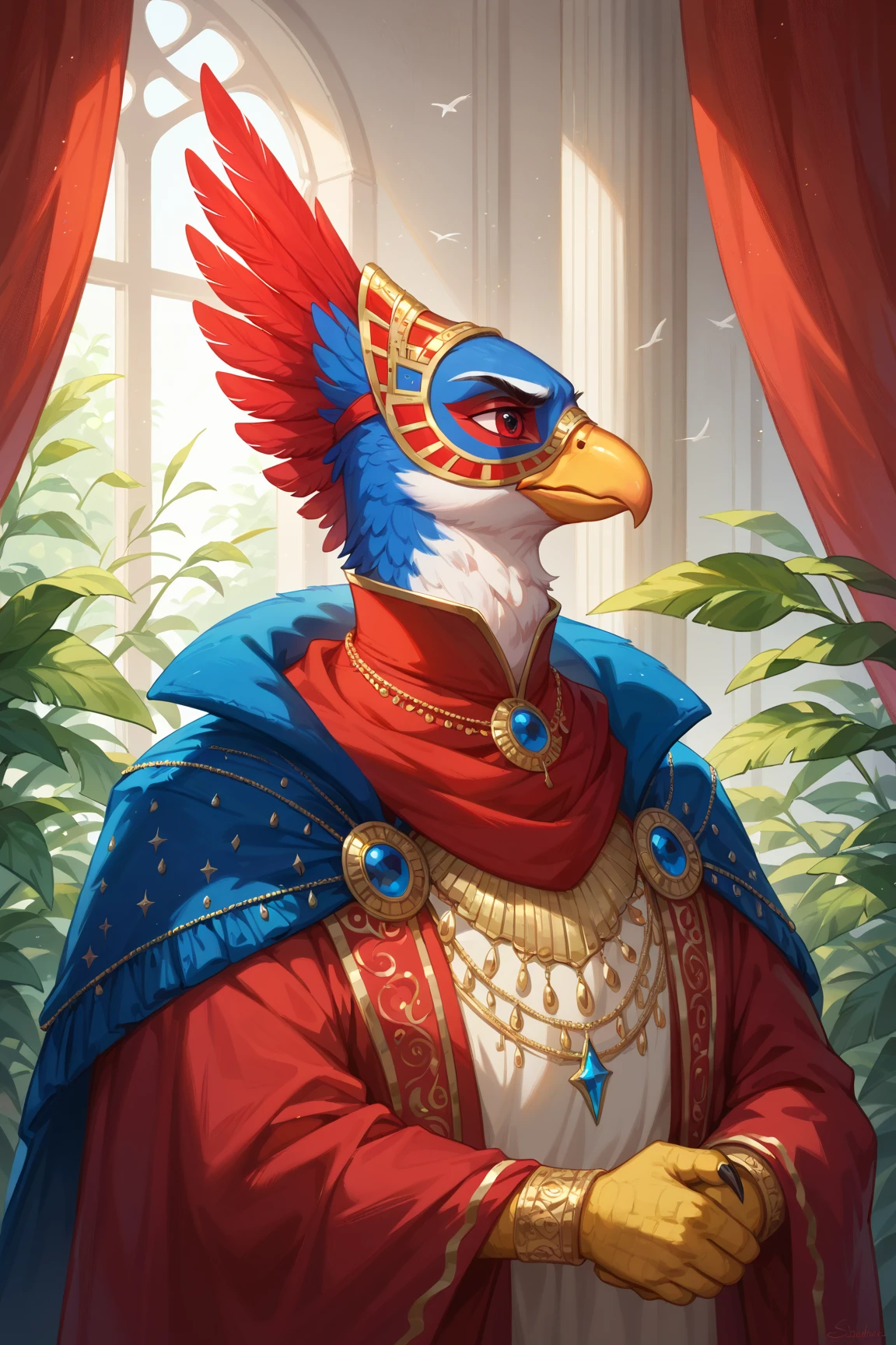 (best quality, ultra-detailed, best illustration, best shadow, masterpiece, high res, professional artwork, famous artwork), (solo, female, safe), <lora:character_species_ritoBotwLora_v1_(rito):1>, rito, palace, outside,
