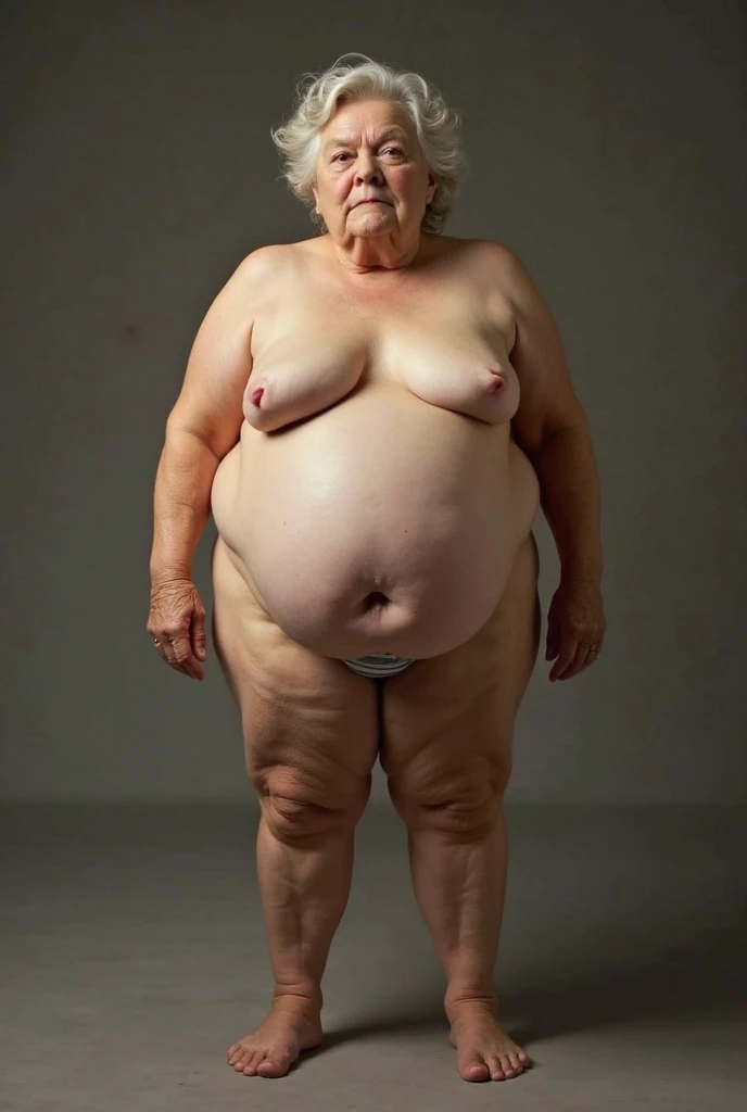 35mm kodak film photo of aged mature housewife, full body portrait, сандалии, naked, hourglass figure, (gigantic massive hanging teardrop saggy breasts):1.3, (hairy pubic):1.3, narrow shoulders,