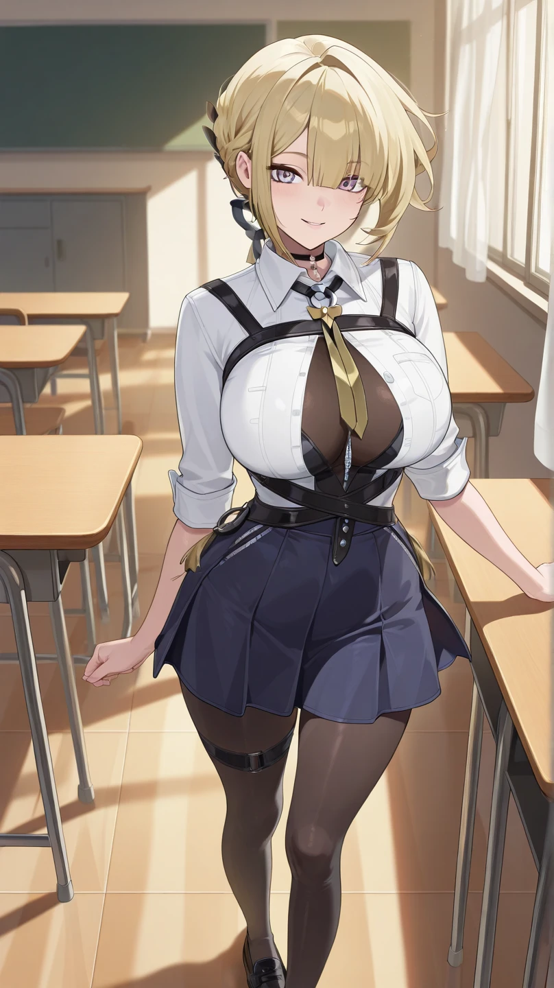 （One girl）、short hair、((sidelock))、((Blonde))、（Sato Air）、(boyish)、((Big Breasts))、(Chubby)、beautiful girl、[Big thighs]、Green Eyes、(Healer)、Black Vest、black leggings、White sleeveless、((hairs between eyes))、(long gloves)、(Embarrassed)、((see-through))