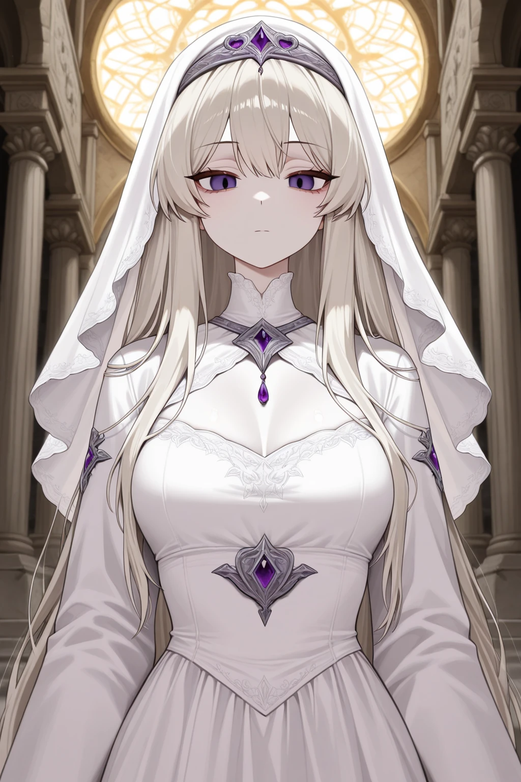 ((Highest quality)), ((masterpiece)), (detailed), （Perfect Face）、The woman is Princess Leona, with long light brown hair, and is wearing a lavishly jeweled,  black wedding dress and a black wedding veil, the epitome of an evil bride.、In a luxurious church wedding hall, a woman is getting married to a dignified and powerful middle-aged evil emperor dressed in a luxurious black outfit.、The woman has long hair