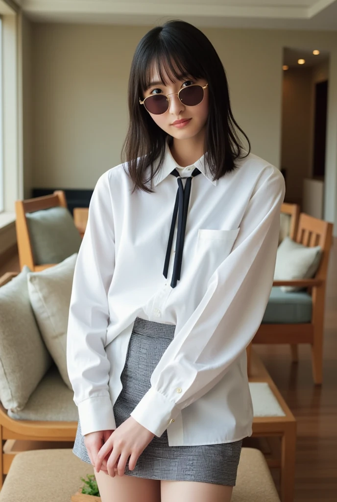 ((top quality、masterpiece、high sensitivity、high res、Detailed Description、delicate face depiction、Ｆvalue：6.0)),((Slender Woman、wearing glasses)),is advanced digital art、mini dress、platform sandals、
