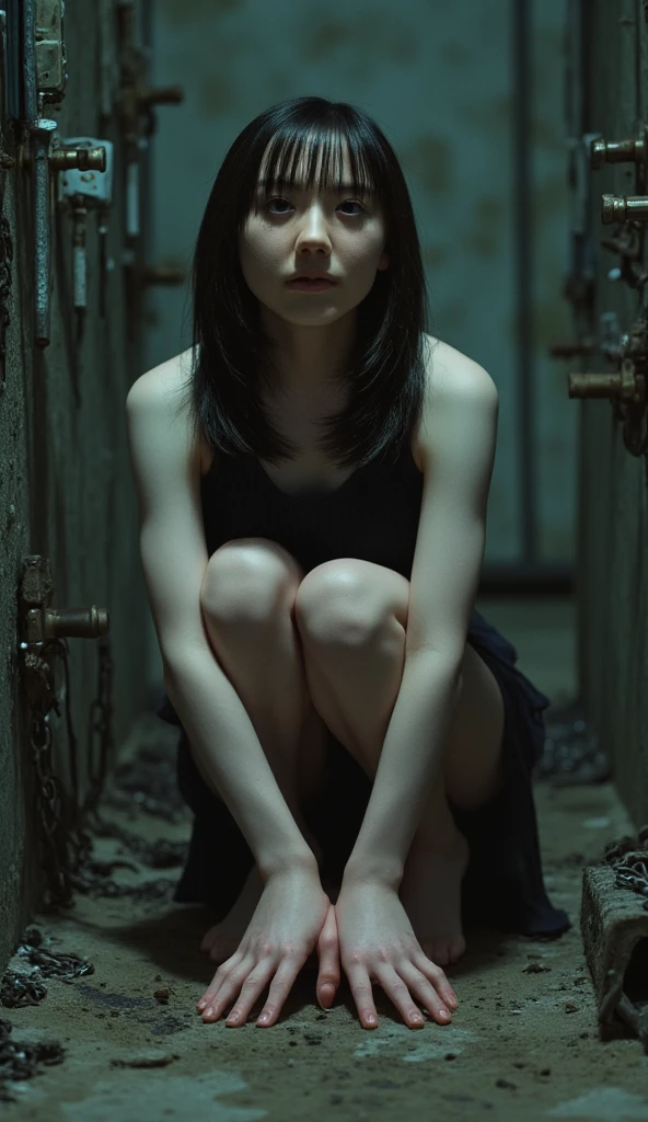 Highest quality、Masterpiece、8k、Japanese women、30th Generation、ghost、Pale skin、ruins、tunnel、Dark atmosphere、scared、sexy、naked、pubic hair、Slender figure、Beautiful feet、Realistic Face、Horror、Realistic hands、Detailed face