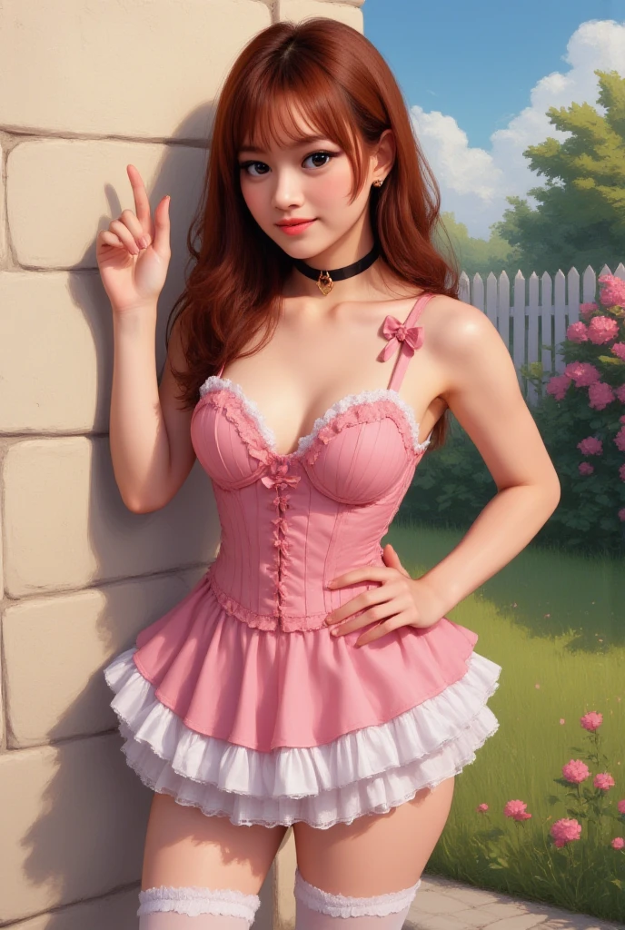 (absurdities, official art, Unity 8k wallpaper, ultra detailed, high quality, best quality), an elf girl, detailed face, beautiful green eyes, medium breasts, black hair, pearl necklace, blush, flower bow, skirt, ass, smile, two sides up (butt support), on the edge of the logo, highly detailed, absurd, masterpiece,