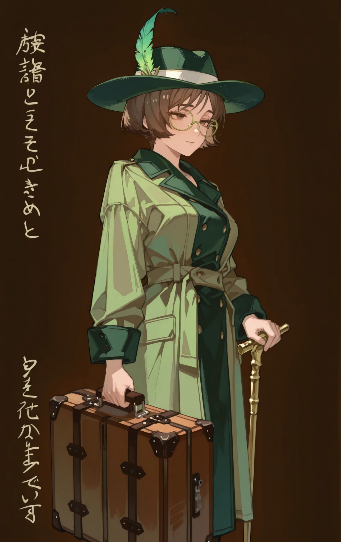 womanhood,25 years old,Brown Short Hair,green trench coat,green feather high-brimmed hat,gold-framed glasses,Round Face,brown eyes,soft expression,with a cane in one hand,A suitcase, nobility, no background
