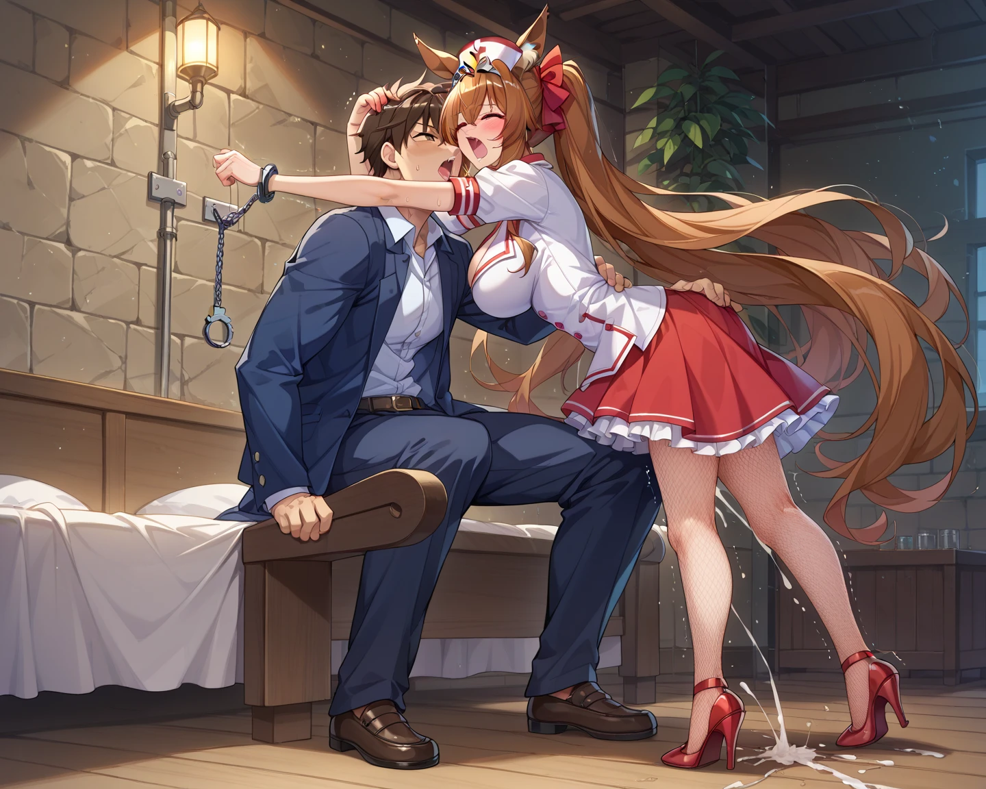 ((Vulgarity:1.4)),Ultra-realistic 8K CG, Picture-perfect perfection face, perfection, masterpiece, 2 womanの子,  Sword Art Online - Yuuki Asuna [Browsing Caution Support],In the cave,((Surrounded by many men 1.3、The crowd is amazed:1.3、Anime Penis:1.3))、 Colorful Hair, Long Hair, Braiding,Chestnut Hair , alone, silver plates,shirt,skirt,Knee socks,garter belt,bondage,(Embarrassing:1.21), blush, Drooling, Sticking out tongue,((顔と胸にejaculation:1.3)),,((Sex with a man&ejaculation:1.5)),  Pee, Nipples,  Wet clothes, slave, Browsing Caution,((vibrator:1.3)), Sexy panties, pubic hair, Shiny Pussy Tattoo, Camel Toe, woman,Fall into pleasure、Blindfold、Excessive sweating,Your clothes are torn,((Obedient blowjob:1.6)),topless+,Back Angle,Collar with chain,((Sex Machine:1.5+Strong vibration),Breast milk瓶+Milking machine:1.3,Breast milk),((Tentacle Machine:1.6))