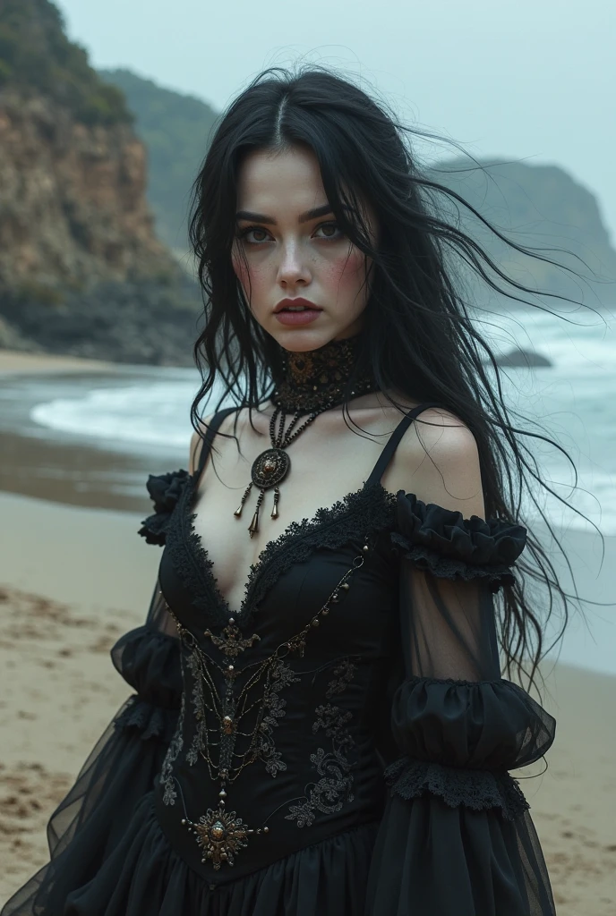 beautiful girl, long black hair with waves, black top, gothic, with hyperrealistic face, with a bare top and nice breasts 