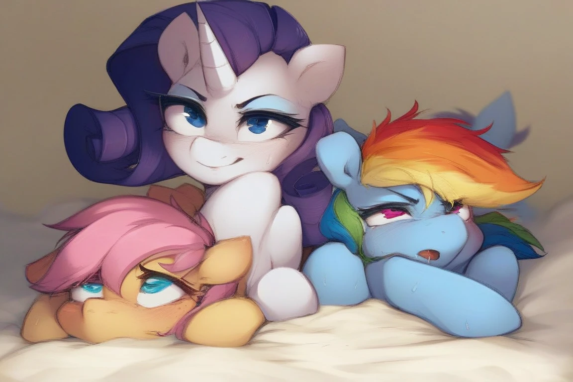 score_9, score_8_up, score_7_up, score_6_up, score_5_up, score_4_up, fluttershy performing fellatio on (rainbow dash) sandwich, eatfresh, freshcock, cum on body, full body, multiple girls, sweat, feral, bed, pillows, comfy, bedroom eyes, stirring, bedroom, <lora:EatfreshPDXL:1>