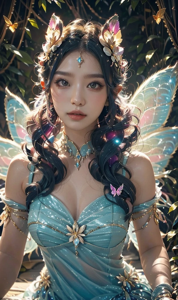 (masterpiece,best quality:1.4),(8k,raw photo,photo realistic:1.2),shiny skin,detailed skin,detailed face,detailed eyes,1girl,Japanese idol,beautiful face,(Shining Eyes:1.3),Kind eyes、smile、Symmetrical eyes、Mysterious sheer costume、Mysterious Background、Great location、Emphasized breasts、Outstanding proportions、Mysterious and sexy face、Chinese fantasy historical drama,A flower-filled paradise,((Little Fairy))