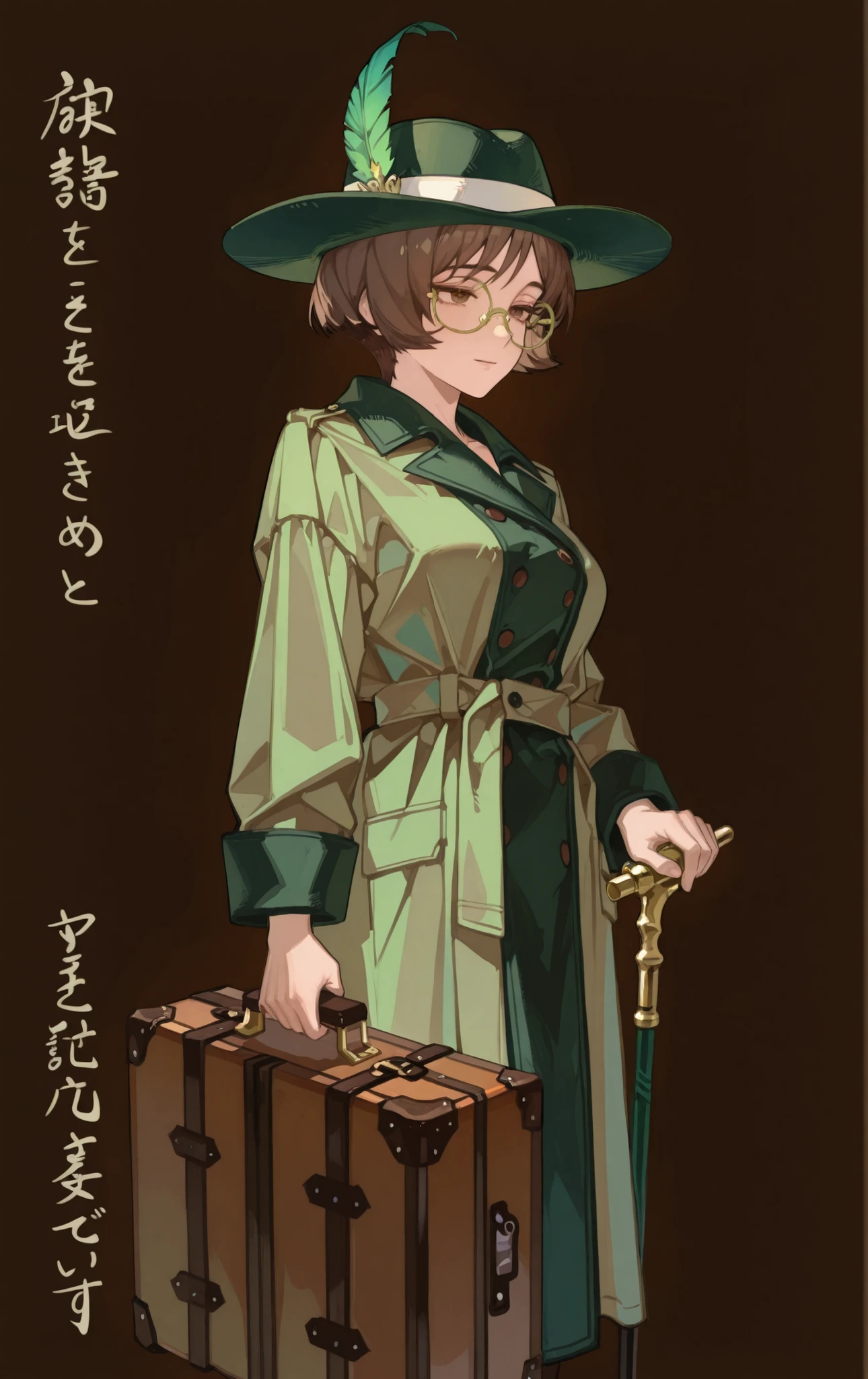 womanhood,25 years old,Brown Short Hair,green trench coat,green feather high-brimmed hat,gold-framed glasses,Round Face,brown eyes,soft expression,with a cane in one hand,A suitcase, nobility, no background