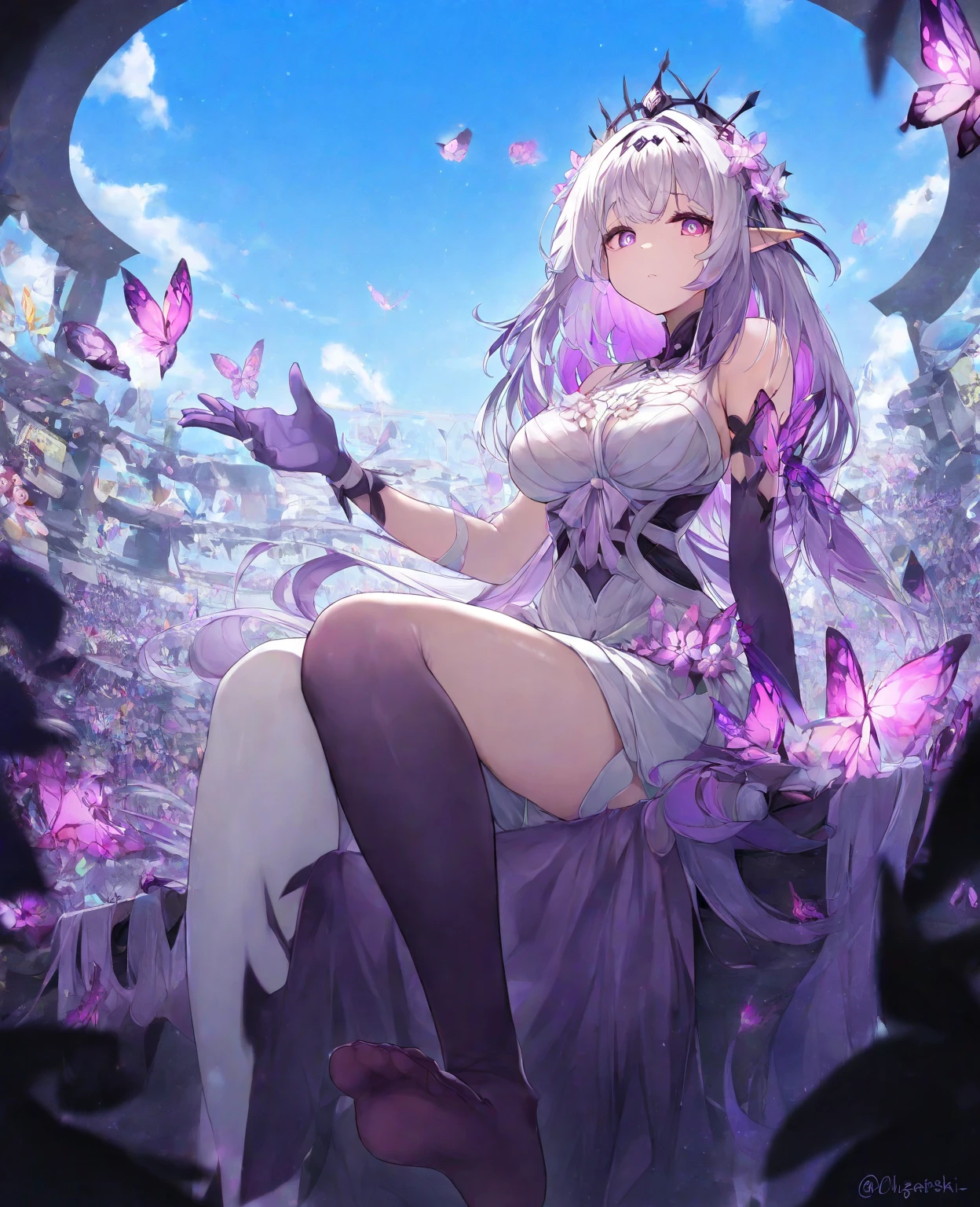 (masterpiece, illustration, best quality:1.5), insanely beautiful black ice SKADI little sister, 2 girls, yinji, purple hair, purple eyes, long hair, cat fluffy ears, white hair, double braids, gradient hair, water blue body painting, global illumination, finely detailed, beautiful defined detailed face, beautiful detailed eyes, beautiful detailed shading, highly Detailed body, finely detailed, (3_water_droplets), tilted halos, full body, body lightly covered with frost, frosty wild hair, water elements, water drops, water ,pointy ears, majestic dress, blue makeup , jowelery, and wet atmosphere, , full body focus, beautifully detailed background, cinematic, K, UHD, by Li Yue, pink and blue gems , transparent sky blue scarf , royal blue dress
