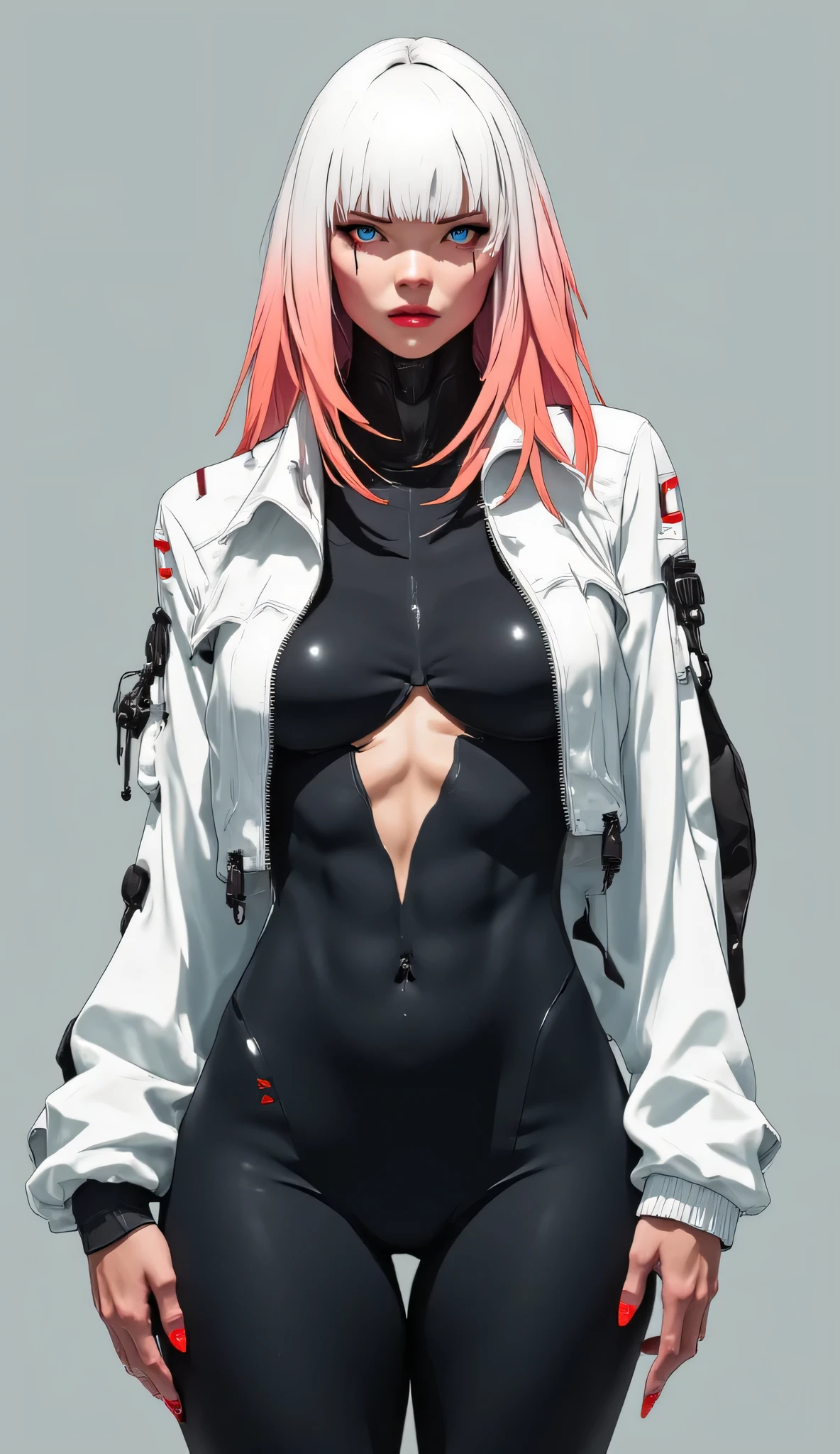 a beautiful woman with fair skin, dark blue eyes, well-defined and delicate lips, pearly white hair in a Jellyfish Cut style with straight bangs and salmon pink highlights making a gradient with red at the back, long matte red nails, red lipstick matching her nails, large breasts, black rubberized bodysuit with a cleavage, short white high-neck jacket, black 3/4 stockings.