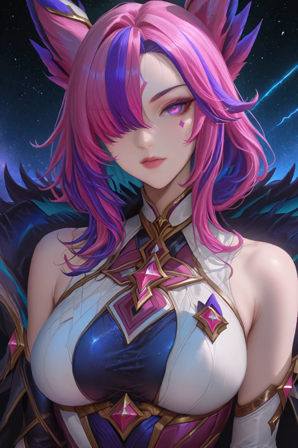 Anime character with horns and a heavy cybe parapet in the colors white dark pink standing in front of a full moon, moon clothes, fantasy outfit, in-game render, astral witch clothes, highly detailed full body, anime very detailed, clear outfit design, hair color white dark pink, 8k octae render photo, beautiful celestial demonin with large black cyborg wings on both sides