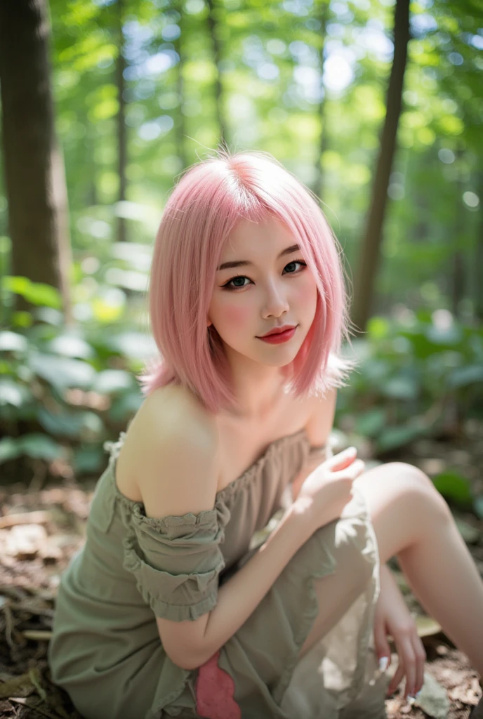 best quality, perfect face, nude, pink hair, green eyes, tanned skin, nude girl child, leg elongation