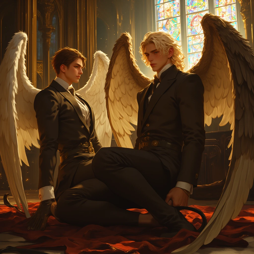 there is a drawing of a man riding a horse with an angel on it, eros and thanatos, angel protecting man, angel looking at demon, high resolution commission, Jesus Christ fighting Lucifer., inspired by Théophile Steinlen, By Shingei, inspired by j.C. Leyendecker, inspired by j. C. Leyendecker, britney lee