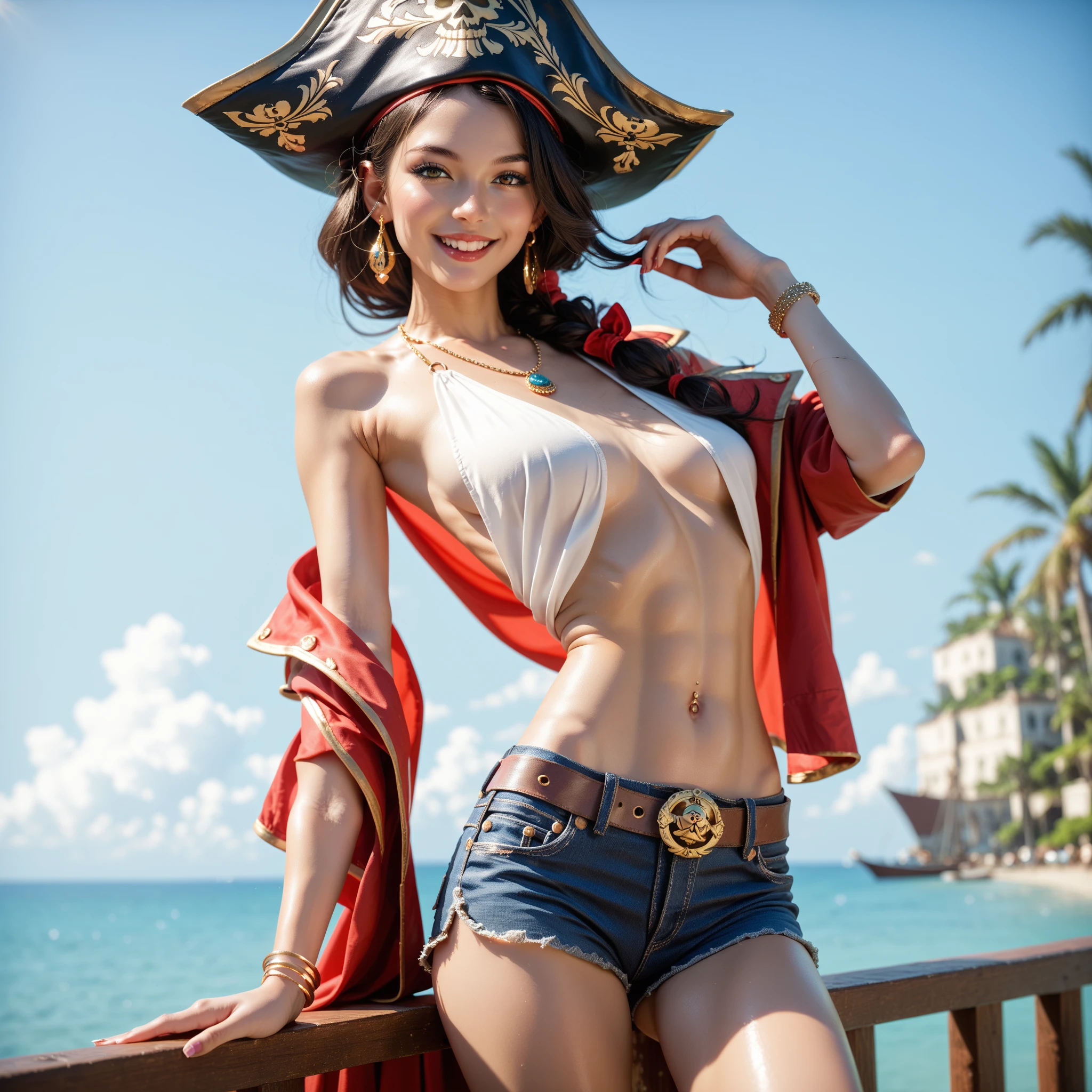 (female:1.2) (bodybuilder:0.8), hyper realistic, masterpiece, photorealistic, real skin, detailed face, detailed skin, detailed lighting, 1girl, (green eyes), large breasts, cleavage, midriff, navel, thigh ,armpit, long hair, curly hair, black hair, red lips, seductive face, open mouth, blushing, hands tied to rope behind, bdsm
