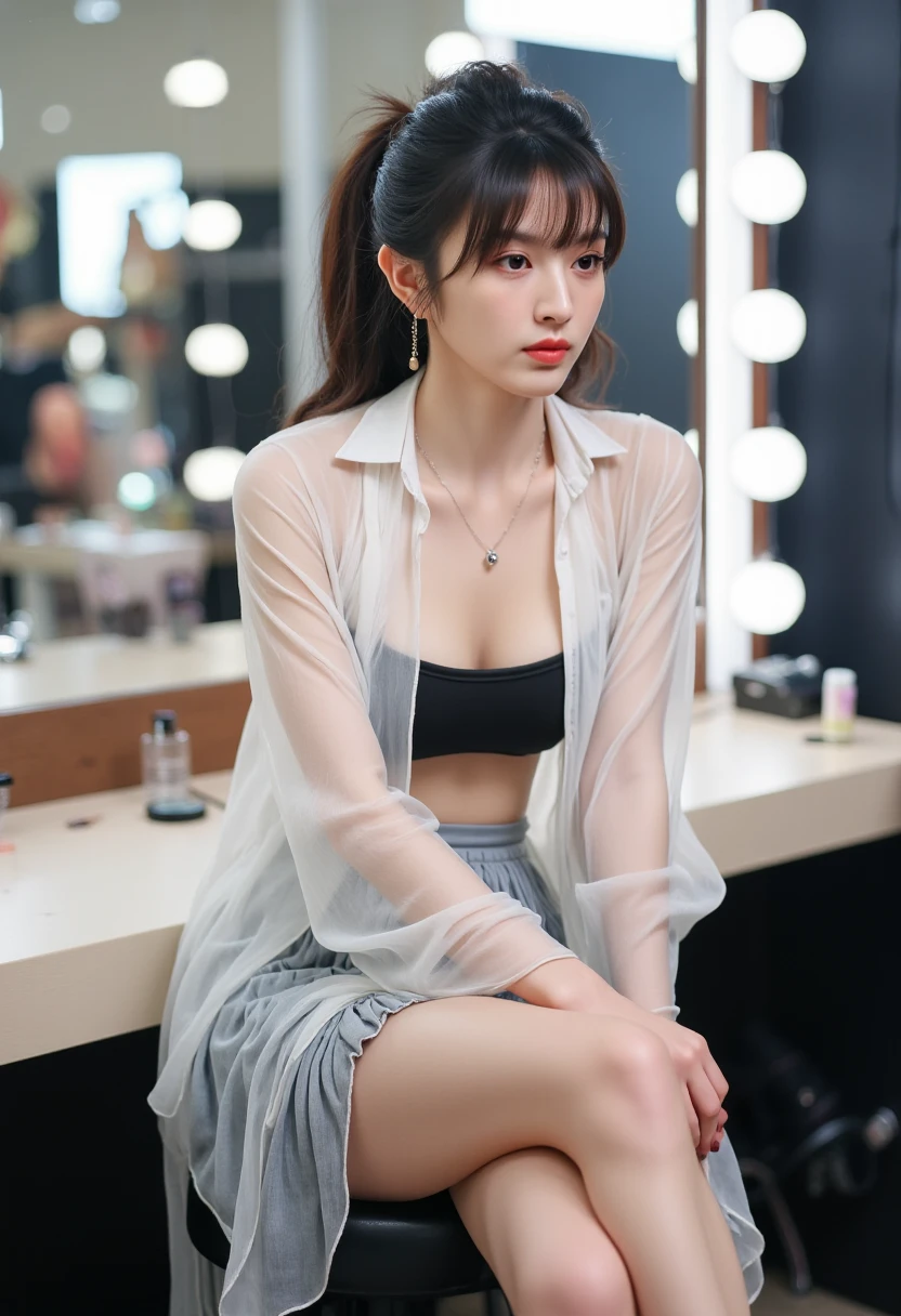 (Best Quality, 8K, masutepiece, Ultra HD: 1.3), 1girl in, ,light brown hair, Blunt bangs, hair behind ear, hair over shoulder, Long hair, slender body shape, Ultra Fine Face, Delicate lips, Beautiful eyes, Double eyelids, lipsticks, thin blush ,Black eyes ,perfect glossy skin,flawless skin fair white skin ,Glistening sweat,A gaze that invites you, Chest,Ultra-thin hands, Ultra-fine fingers, shirt with collar, tight skirts , beauty legs ,Low Heels. outside of house、In the middle of a date