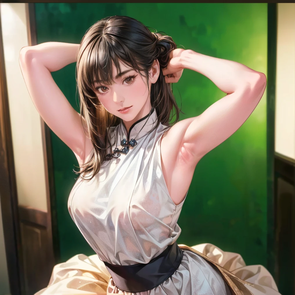 Yuno Shimazu、Shiny brown hair,Long Hair,  、((2 braids:1.5、Hair that falls over the shoulders)),Beautiful brown eyes、Sparkling eyes, Fine grain、smile、Super detailedな目、Highly detailed face, Highly detailed eyes,Cowboy Shot、


((masterpiece, Highest quality, High resolution, 超High resolution, Pixel perfect, Depth of written boundary, 4K, RTTX 10.0, High resolution))),
1 person, Absurd, Sleeveless cheongsam mini dress, Sharp focus, Depth of written boundary, Perfect body, Perfect Anatomy, Sharpness, Absurd, employment, Super detailed, Sharp focus,  Depth of written boundary, Perfect body, Perfect Anatomy, Shibuya Street, Dancing, Motion Blur, Looking at the audience,