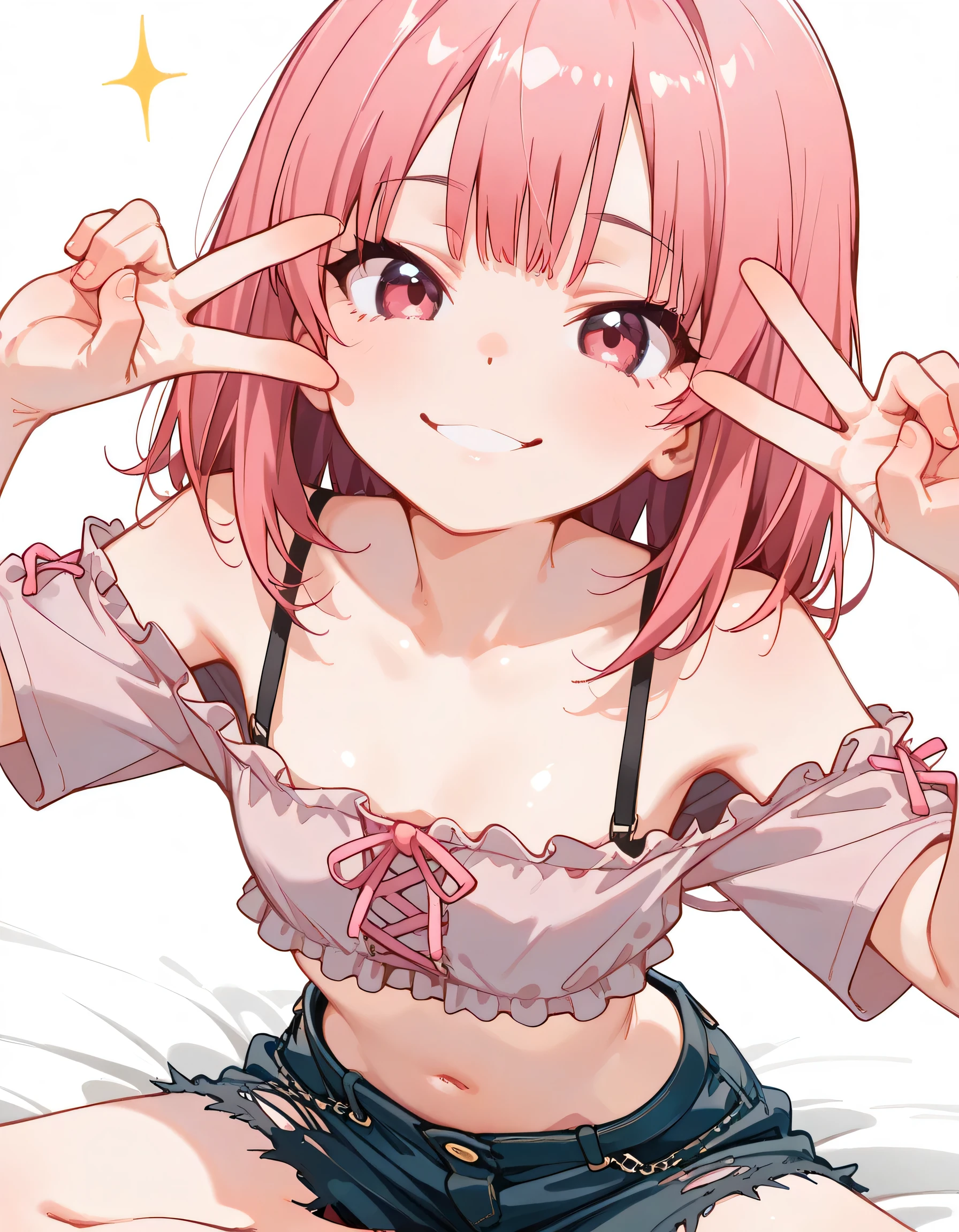 girl, no panties, in a pink top, looks cute at the camera and pussy flows from excitement, jerks off with two fingers and moans, ((perfect quality))