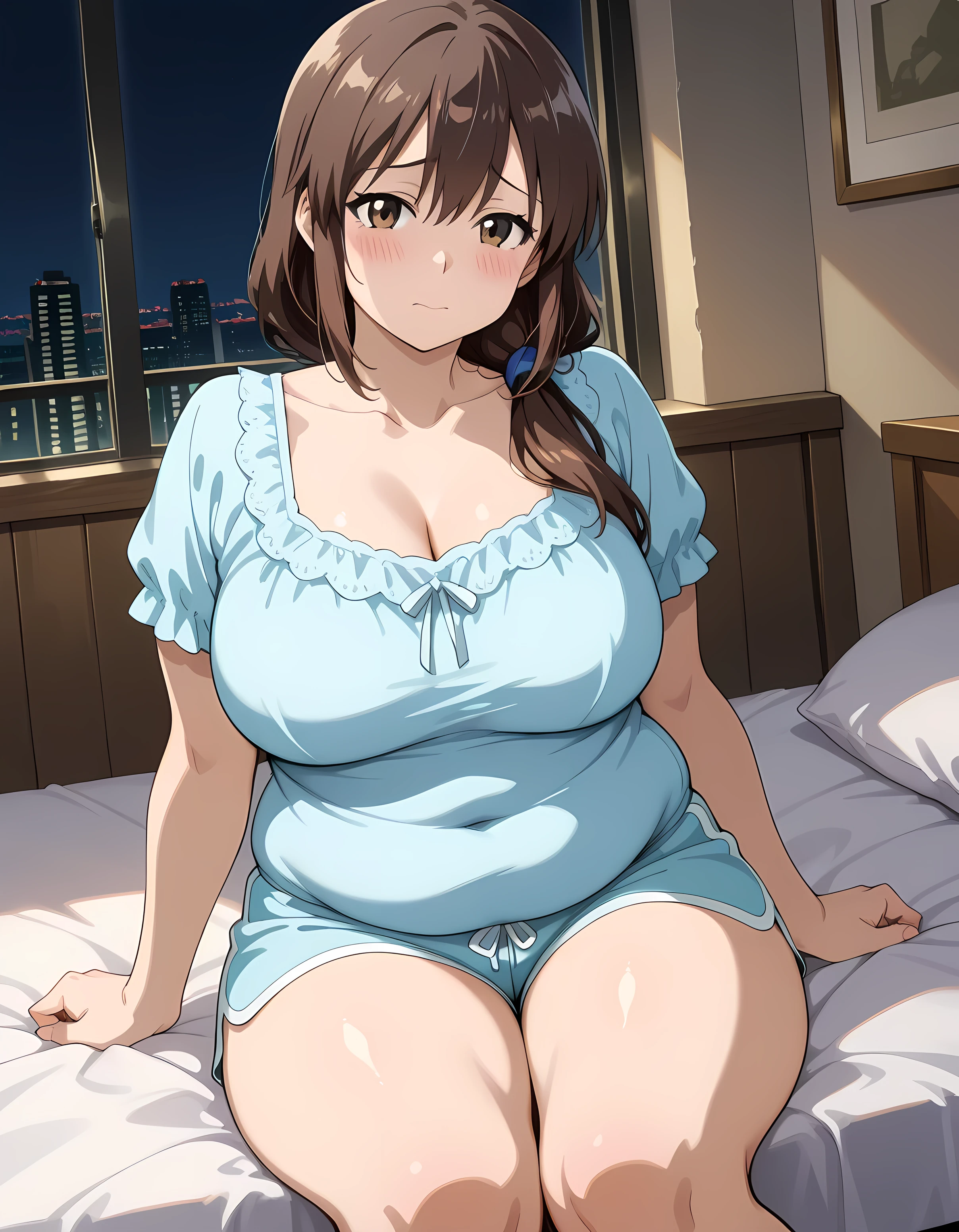 masterpiece, best quality, high resolution, very detailed about trends, full hd, semirealist, 8k, Tsuki Uzaki, solo, intimate and cozy atmosphere. Anime style, high-quality detailed art, soft colors, soft shadows, warm night glow. High detail, ultra quality, 4k, detailed background, realistic shading, square,high detail, ultra quality, 4k, detailed background, anime-style illustration, Voluptuous MILF, mother of {{user}}'s best friend. perfecteyes, She is short and chubby, Vanessa, she is short, chubby, brown hair, long hair, looking at view, ponytail, brown eyes, blush, pijama. shorts that highlight her thighs, soft lighting, sitting on the bed, scared.,high quality, detailed shading, clean lineart