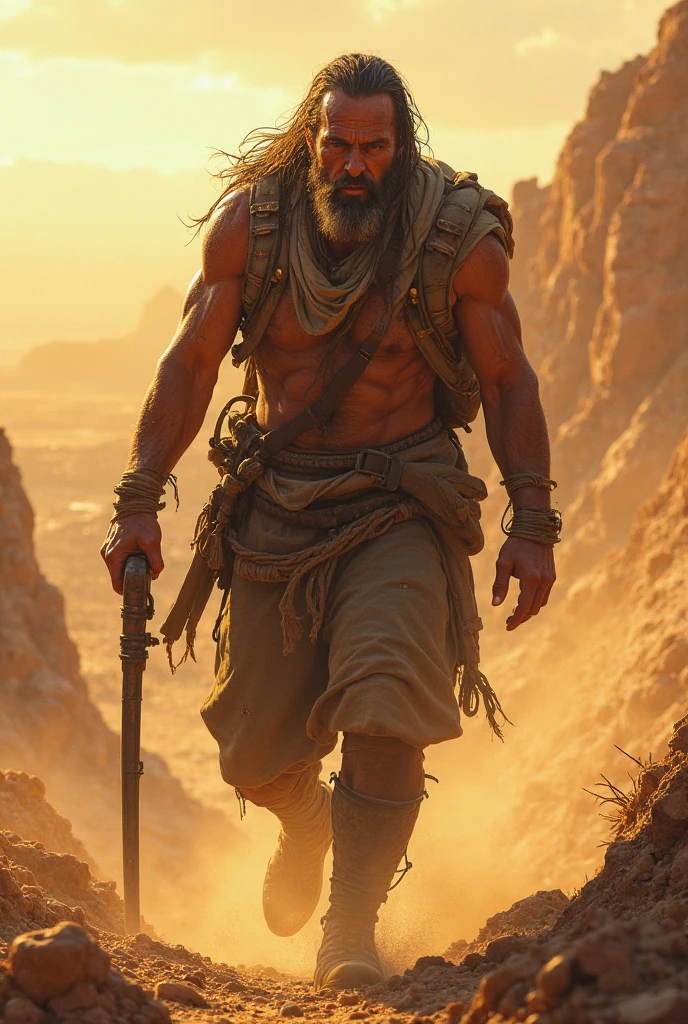 muscular male cowboy in thong, extremely detailed face and body, chaps, standing next to horse, dry desert dune landscape, cinematic lighting, dramatic low angle, photorealistic, highly detailed, 8k, intricate, hyper-realistic,white hair red eyes