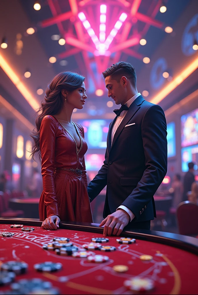 Couple with black hair, white skin woman and tanned man in a 3D animated Barbie style at a casino