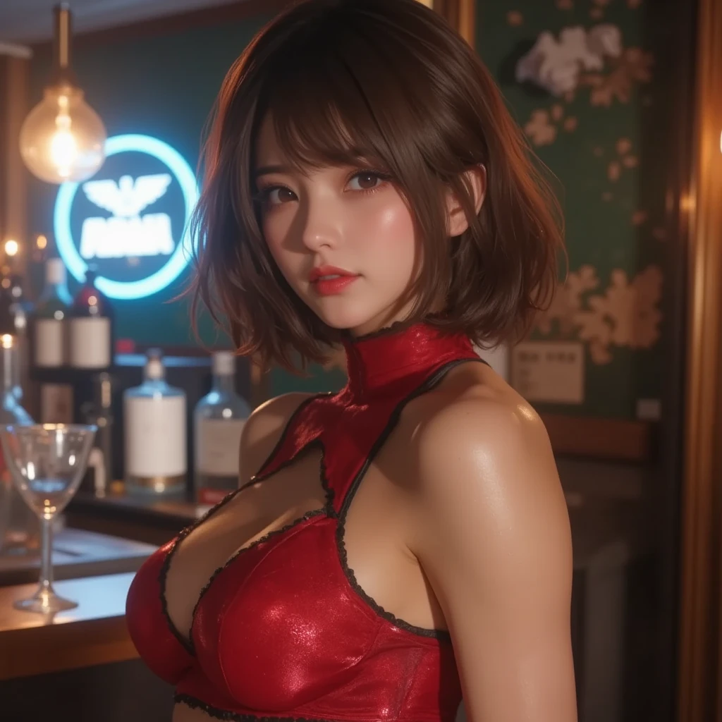 20-year-old women,Japanese,Clear images、Real women、Her bust size is a little larger than average, she has red hair, Short Bob Style、She is wearing a suit and a tight mini skirt。Wearing a one-piece dress。She wears shiny red high heels。
she、Drinking too much alcohol、Drunk and sitting back in the bar,
She's drunk quite a bit from drinking too much alcohol。
Staring at the person next to you with half-open eyes and mouth.。