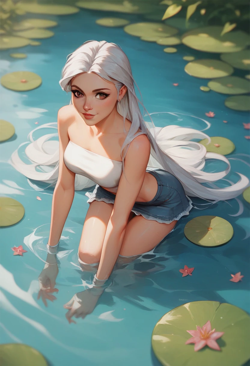 A white-haired woman in a bathing suit swimming under the water, Directed by: Mandy Jurgens, Estilo de anime 3D realista, marc brunet | |, Directed by: stanley Artgerm, Artgerm ; motor 3d irreal, inspirado em Mandy Jurgens, Artgerm e Ilya Kushinov, realistic anime art style, 3 d anime realista, arte conceitual | artgerm