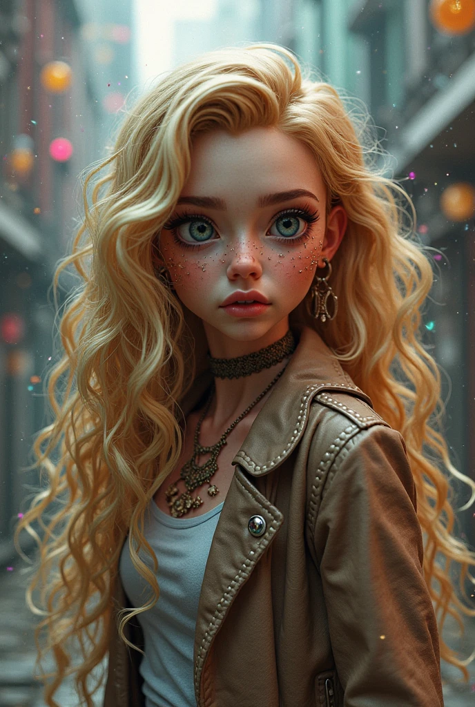 there is a young girl with a curly hair and a white tank top, frizzy hair, long fluffy blond curly hair, long fluffy curly blond hair, very very curly blond hair, messy blond hair, blond curly hair, curly blonde hair | d & d, flipped out hair, messy curly hair, short curly blonde haired girl, curly blond hair, curly blond --auto
