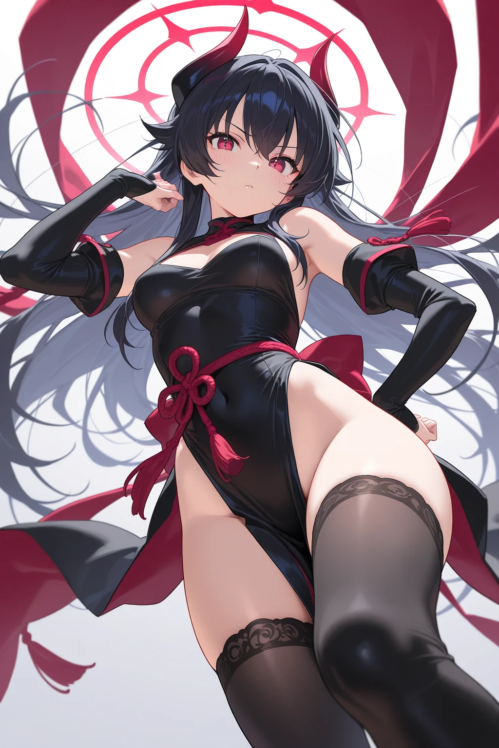 Rory Mercury, Rory Mercury, Black Hair, Blunt bangs, Hime cut, hair ornaments, Red lipstick, Long Hair, Cute face, compensate, (Small box:1.2), (Red eyes:1.5), break Gothic underwear, Perfect body (Small breasts:1.3), break in full growth, Red Shoes, break Black Stockings, Black Gloves break, Black thighs, Garter Straps, gloves, Gothic, Hair Ribbon, Gothicファッション, puffy Short sleeve, Puffy sleeves, Short sleeve, tights, tights, looks at the viewer, break (masterpiece:1.2), Highest quality, High resolution, unity 8k wallpaper, (Illustration:0.8), (Beautiful details in the eyes:1.6), Highly detailed face, Perfect lighting, Highly detailed CGI, (Perfect Arms, Perfect Anatomy), (white background:1.5), I have nothing in my hands, (vulgarity:1.5), female masturbation, 1girl, whole body, Confused eyes