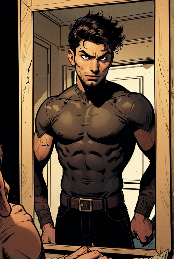 Homem bonito em jockstrap, em uma cama. Vista superior, expression of ecstasy/orgasmo. Arte em linhas, monocromatic. Apenas preto e branco.