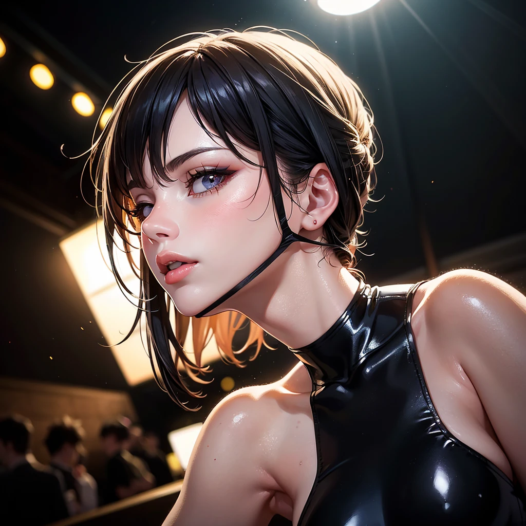 1girl,a beautiful fashion model ,(masterpiece, detailed background, best quality),short and shiny hair, red hair, hair with highlights, bangs, smirk,juicy lips,red lips, calmart, lingerie, stripping, elegant makeup, blue eyes, full body shot, (shiny skin), cyberpunk, sci fi, boa, extravagant jewelry, cocky expression, covered in jewelry, fancy, club outfit, shiny skin, wet skin. running hand through hair, leaning on wall, hair flip, sweat, dj, lights, beat spins you round, (((dance club)))