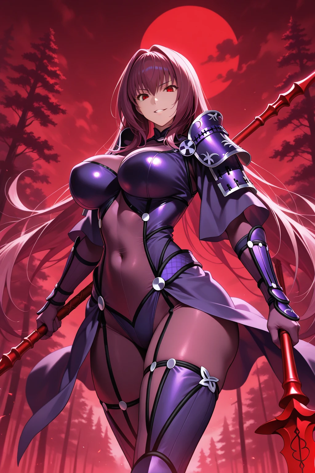 masterpiece, best quality,1girl,scathackl2, weapon, polearm, breasts, spear, gae bolg (fate), fire, holding, pauldrons, looking at viewer, holding weapon,(kbxll:0.6)