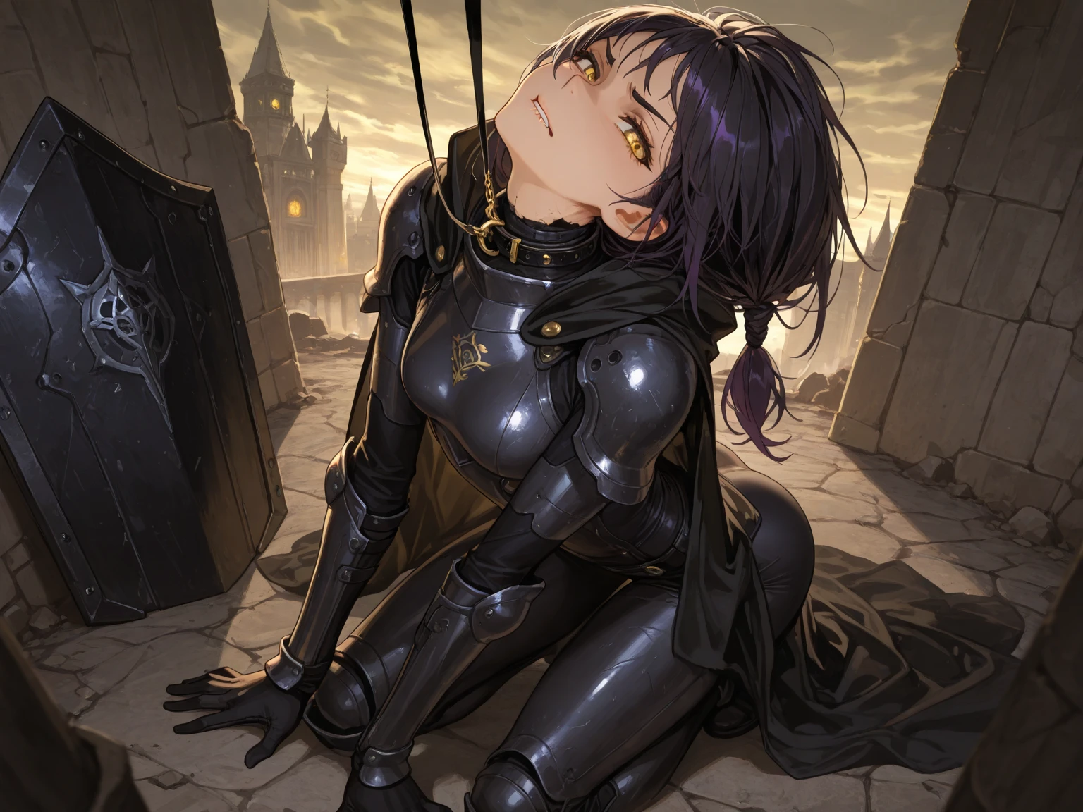 1girl,18yo,good anatomy, masterpiece, best quality,realistic, hyperrealistic, 16k hdr,(long hair,braid,erected nipples,cleavage,damaged body,sweat,beautiful face,mature female,muscular paladin,leg guard,shoulder armor,metal collar:1.2),(all fours,top down bottom up:1.3),(red blush,crying,angry,open mouth,drooling,sidefellatio,sucking penis,cum on face:1.5),(1 Heinous estrus huge monster,standing,grab her head hard,penis:1.4),upper body,from side,(looking up:1.2),fantasy world,indoor,(cave,jail cell,prison:1.4),(surrounded goblins),(huge goblin,spanking,grab ass,doggystyle sex:1.3),from above