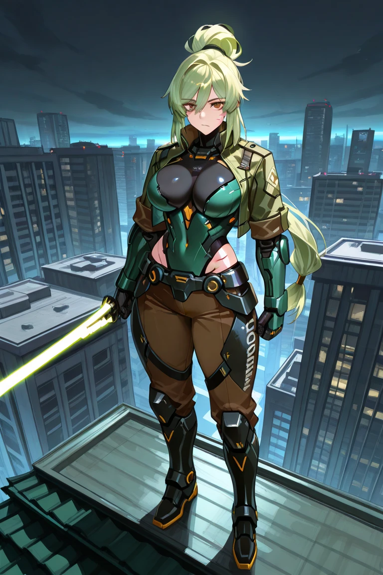 (((Tsunade))), ((Alta qualidade)), ((shadowy lighting)),apocalyptic city, uma mulher zumbi, cabelo longo preto, Uniforme militar, ((olhos vermelhos)), ((panoramic pose))