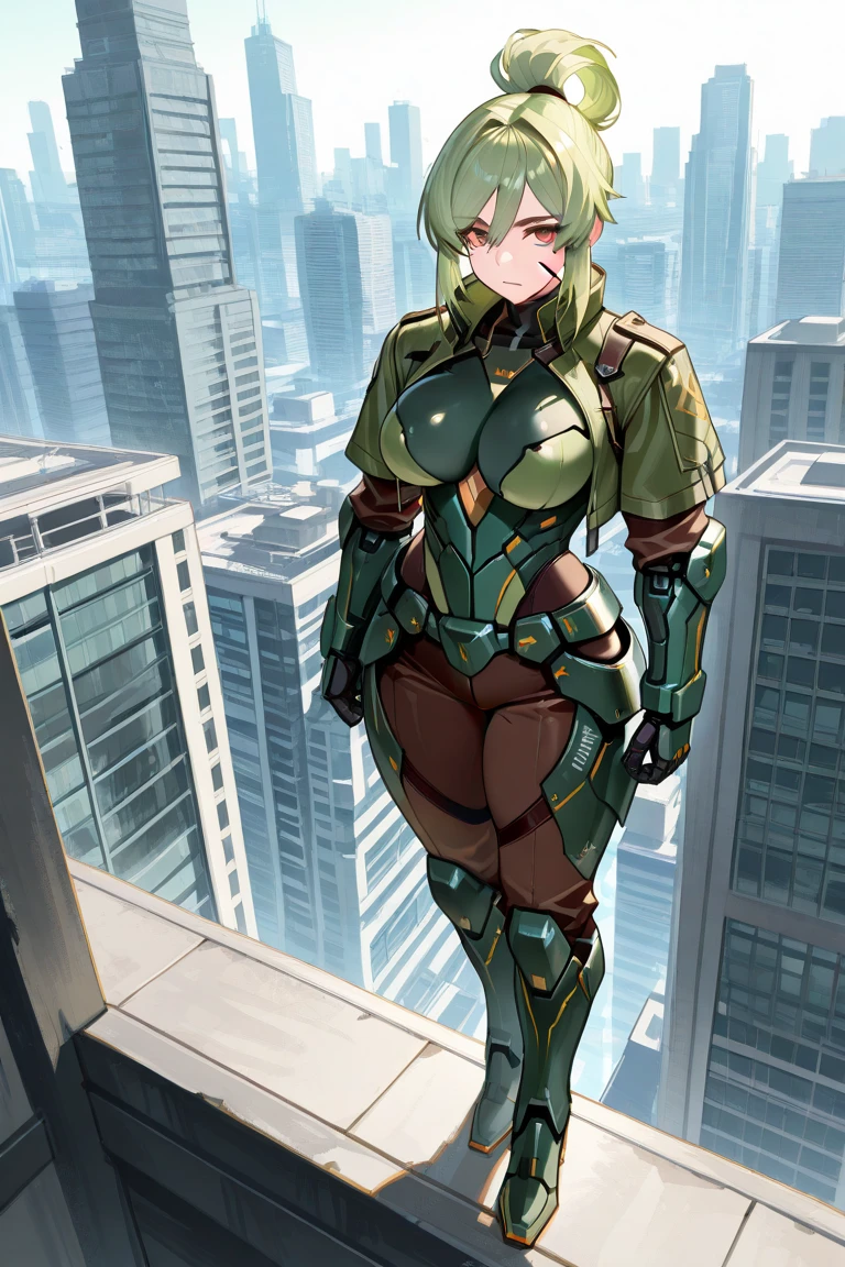 GtsGiga,knight,steel plated armor,green accents,muscalr,fair skin ton,giantess art,cityscape,Rampage, short hair,blonde,french braids,best quailty,masterpiece,mature meduim bosom,solo,1girl,dark knight