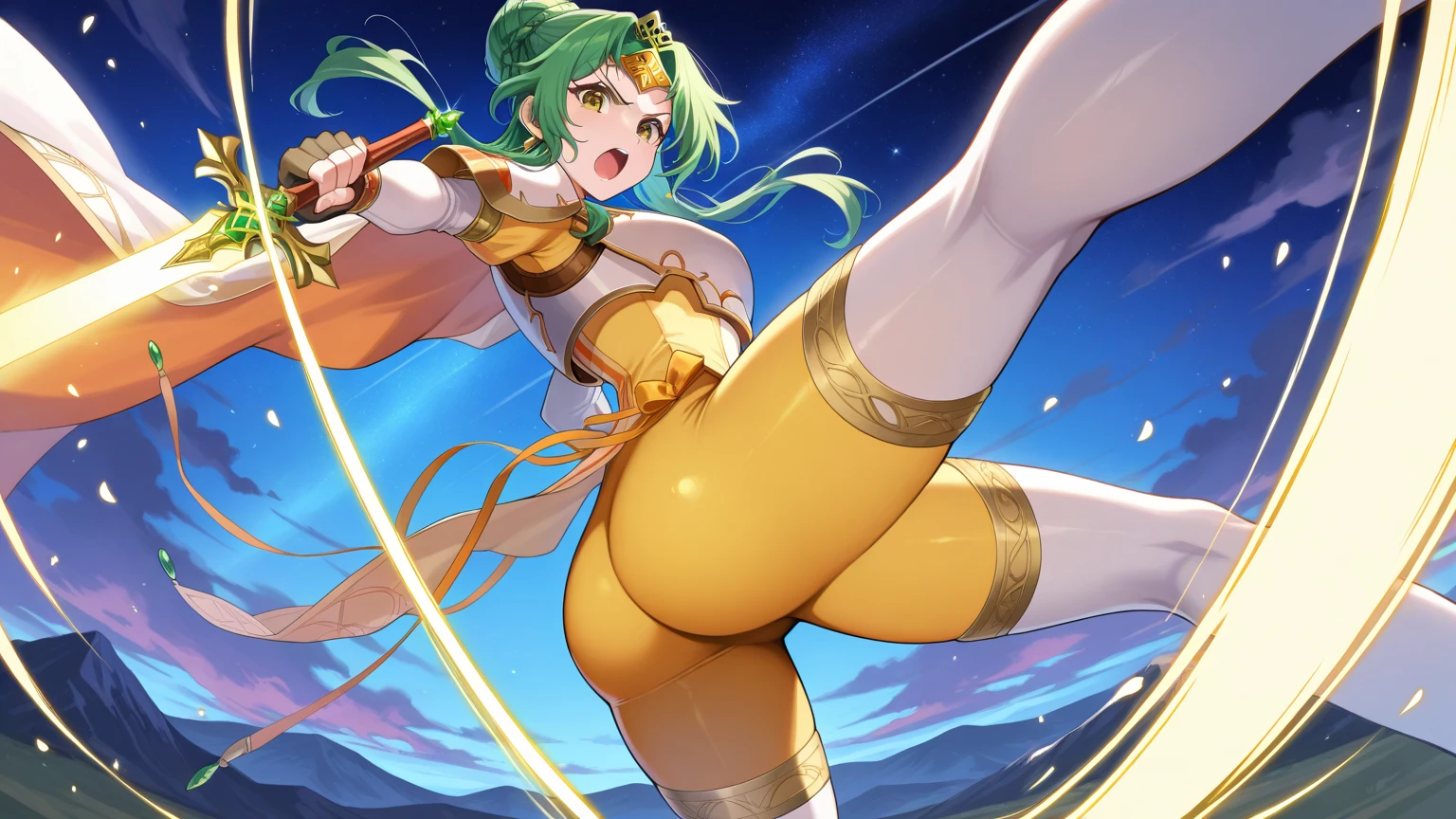 (masterpiece, best quality:1.3), Rizdraws, Thin Lineart, male, solo, looking at viewer, flat chest, feminine male, green hair, full body, :o, necklace, bare shoulders, strapless dress, vambraces, belt, white dress, white thighhighs, single thighhigh, holding staff, palutena, parted bangs, tiara, wide butt, from behind, shy look, pink sparkly thong , very large ass, vary small thong