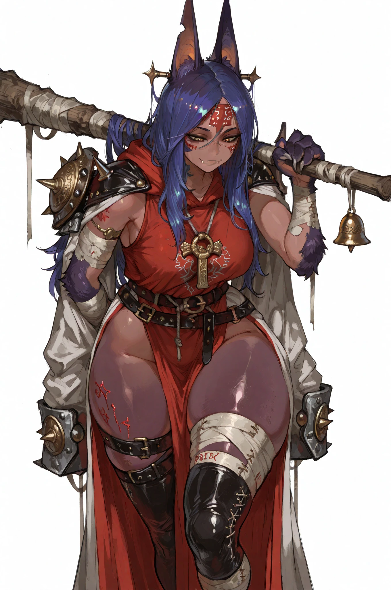 (Very angry girl with dark grey skin and tribal tatto), ((1girl)) dark purple hair, crazy messy curly long hair, (white eyeusculars), (thick thighs), solo, very angry, ((dark grey skin)), (10 pack abs), long leg muscular thighs, (strong jawline), ((((big huge saggy long tittieig muscular wide broad shoulders), wide hips huge, wide waste, (( very big muscular veiny arm)), big trapeziusfur coat, black crop top turtle neck sweater with no arm sleeves, fur cloak, ( military cap), (tribal loincloth dress), Golden barbarian belt, (holding weapon in the right), tribal garb clothing, thicc milf, muscular,